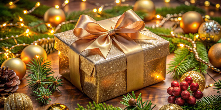 A beautifully arranged Christmas gift box wrapped in shiny paper and a big bow, surrounded by festive decorations.