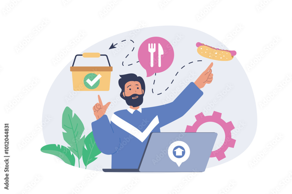 Poster delivery concept in modern flat design for web. man ordering products in internet shop, collecting o