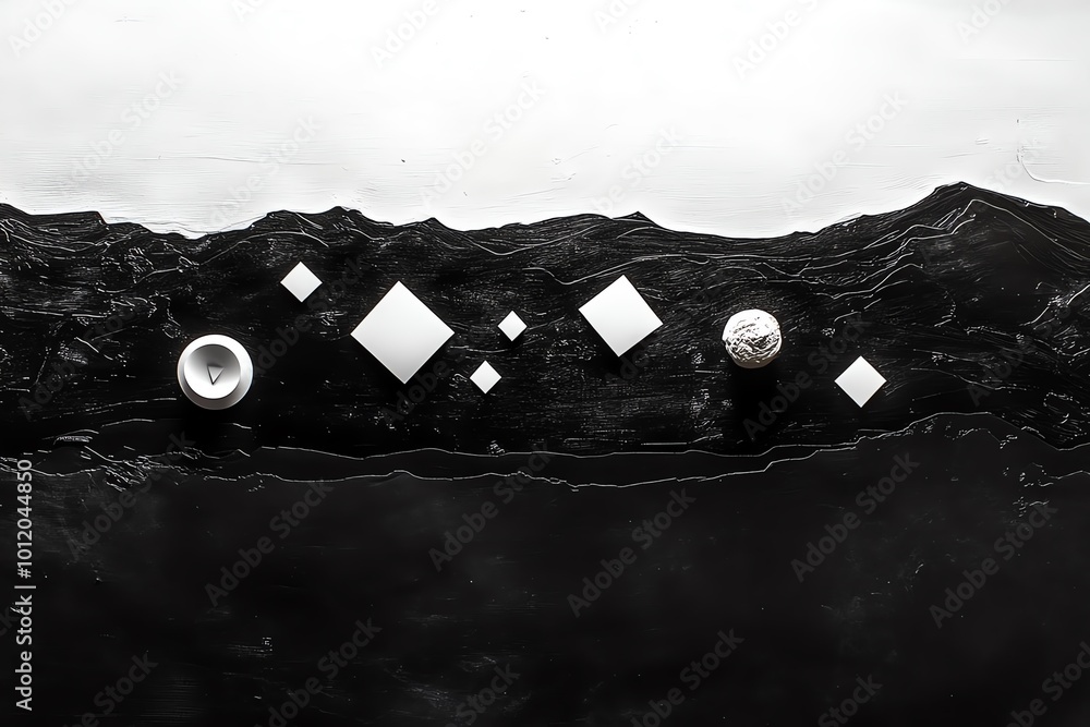 Poster abstract minimalist design of a dark horizon fading into nothingness, with geometric shapes symboliz