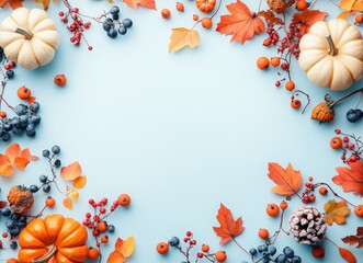 Autumn background with pumpkins, leaves, and berries on a light blue pastel color background, top view. Greeting card for a happy, cozy concept. Copy space banner. Autumn composition.