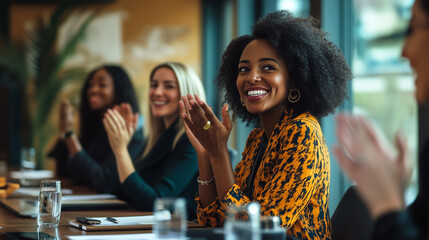 A group of businesswomen warmly applauding their colleague in a meeting room, celebrating her successful presentation with smiles and supportive gestures, fostering a collaborative