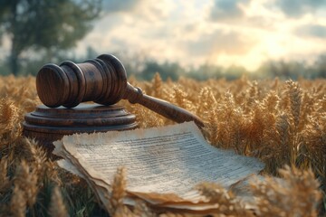 A gavel and a document lie on a field of golden wheat, representing justice and the law of the land.