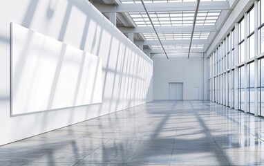 Blank white wall mockup in sunny modern empty gallery