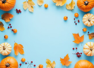Fototapeta premium Autumn background with pumpkins, leaves, and berries on a light blue pastel color background, top view. Greeting card for a happy, cozy concept. Copy space banner. Autumn composition.