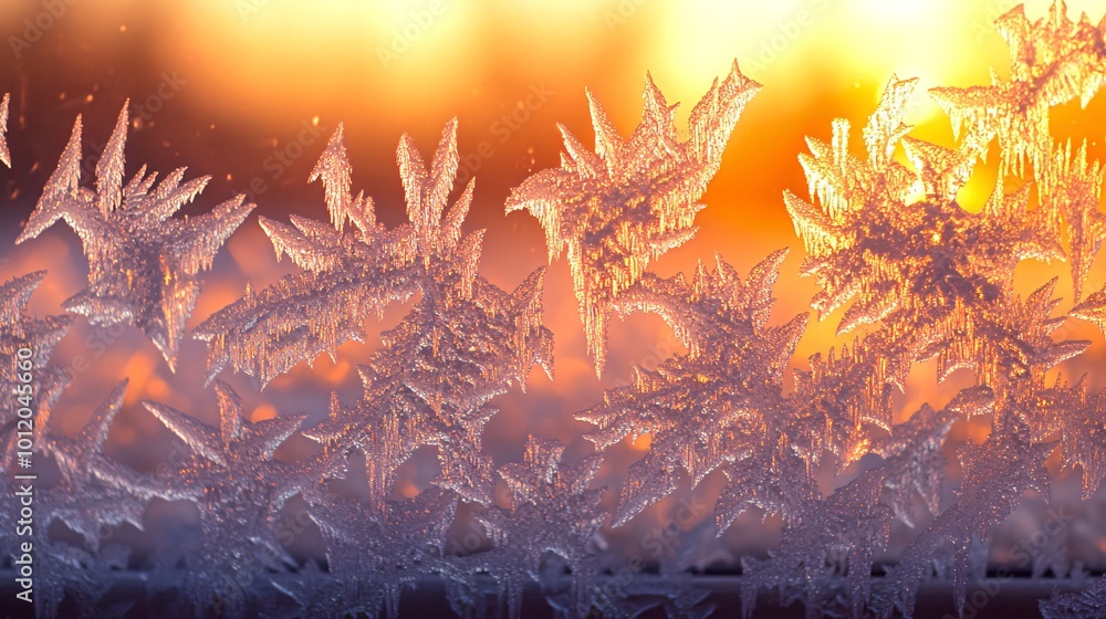 Poster intricate frosty patterns on a windowpane, illuminated by warm sunlight.