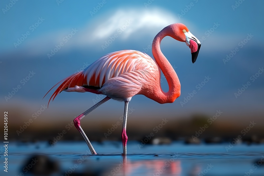 Poster abstract minimalist design of a flamingo on lake nakuru, using soft pink tones and geometric shapes 
