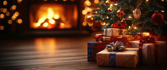 Christmas tree and holidays present on fireplace background
