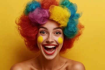 Obraz premium Portrait of beautiful emotional woman in colorful wig on yellow background