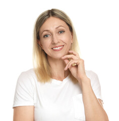 Fototapeta premium Portrait of beautiful smiling woman isolated on white