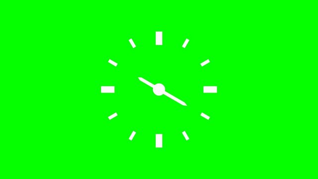 Animation of a clock icon counting 24 hours a day. Fast-speed time. Animation of a clock timer rotating on a green screen background. 4K video