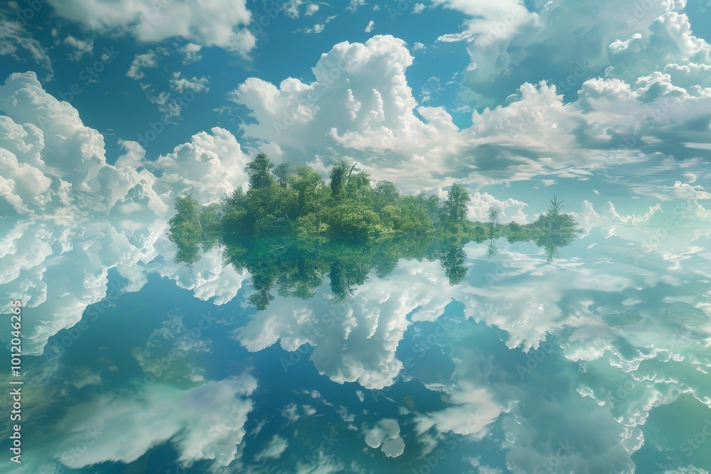 Poster a vast expanse of fluffy white clouds illuminated by sunlight against a clear blue sky, creating a s