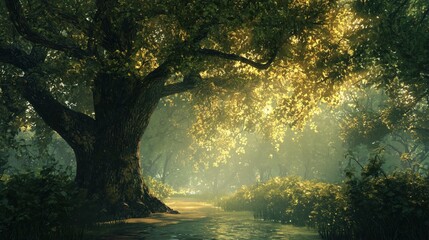 A sunlit meadow filled with lush green grass and surrounded by large, leafy trees. The sunlight filters through the branches, casting soft shadows on the ground, creating a peaceful and serene at