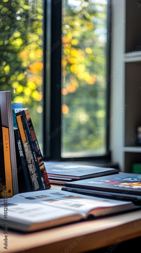 Poster open book on table with books and a window view.