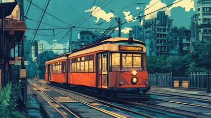 Illustration of the iconic Kolkata tram moving through an Indian city street, featuring urban scenery, cultural elements, colonial charm, and vintage transportation. AI generated illustration.