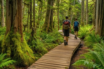 Obraz premium In the heart of Tofino, British Columbia, within the Tofino Rainforest of Pacific Rim National Park, there is a forest with wooden boardwalks for hiking and exploring its lush rainforest Generative AI