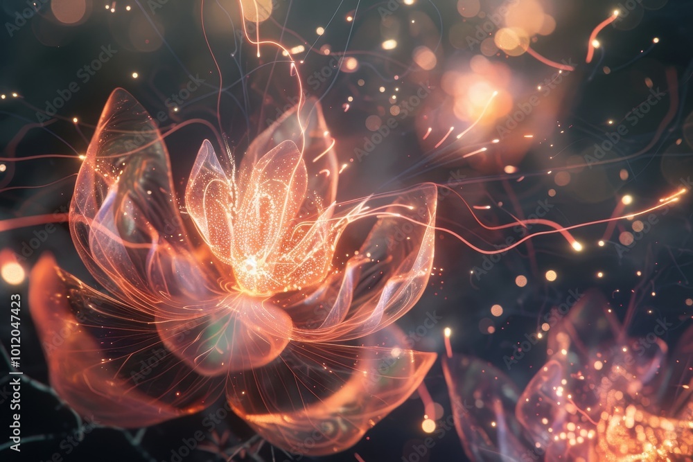 Poster captivating ethereal flower glowing in a dreamy backdrop filled with sparkling lights and soft color