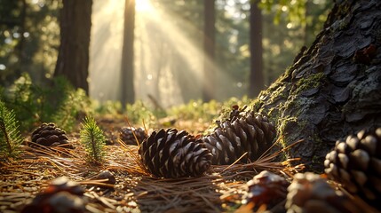 Pine cones on forest floor with sun rays shining through trees. - Powered by Adobe