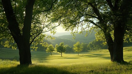 Obraz premium A sunlit meadow filled with lush green grass and surrounded by large, leafy trees. The sunlight filters through the branches, casting soft shadows on the ground, creating a peaceful and serene at