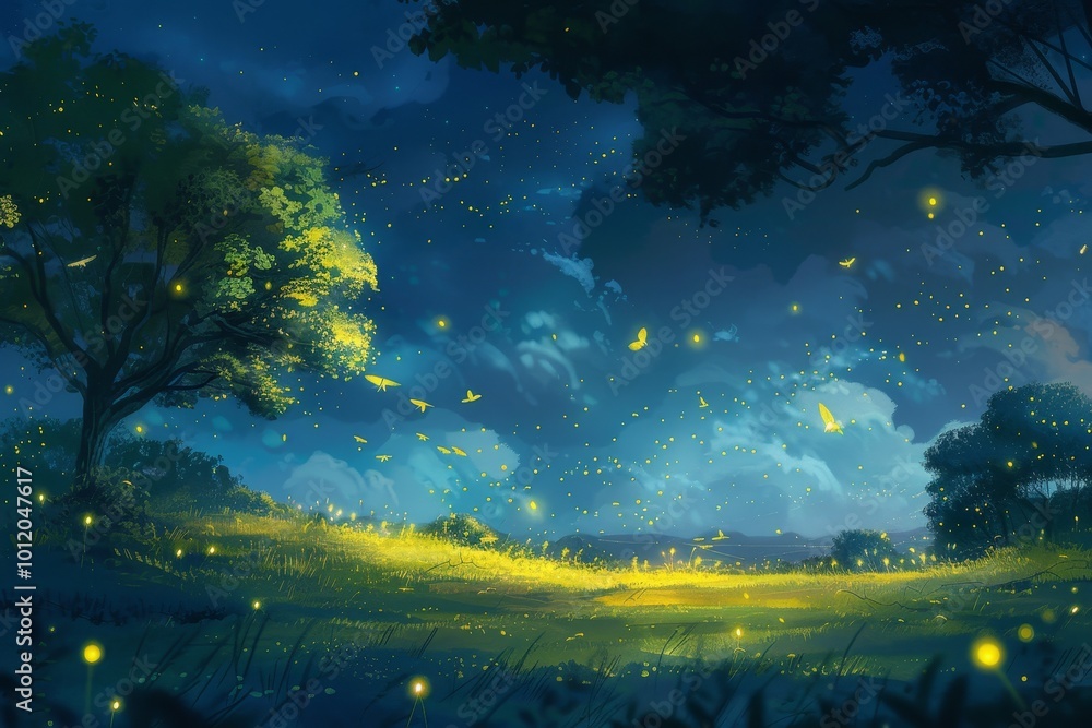 Poster a serene night in a glowing meadow filled with fireflies under a starlit sky surrounded by trees and