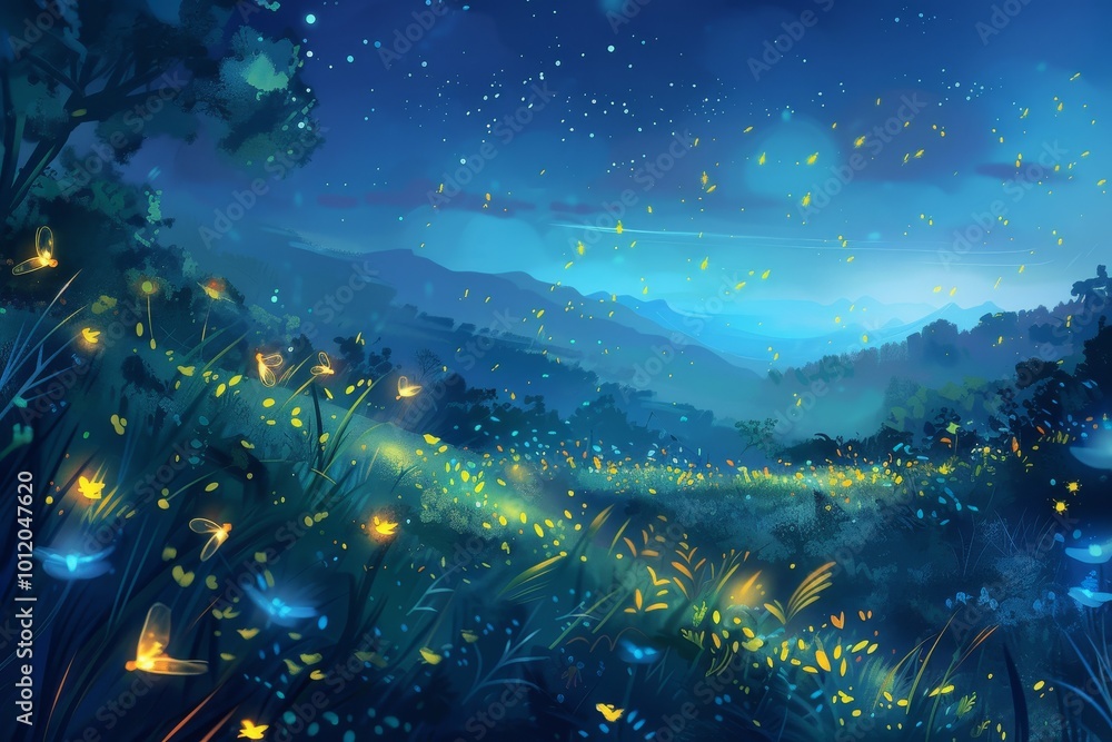 Poster a serene night in a glowing meadow filled with fireflies under a starlit sky surrounded by trees and