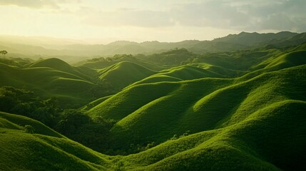 Rolling green hills in the countryside with a haze in the distance at sunset.