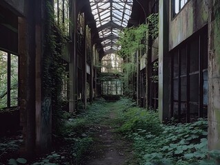 Obraz premium Abandoned building overtaken by nature, lush greenery inside.
