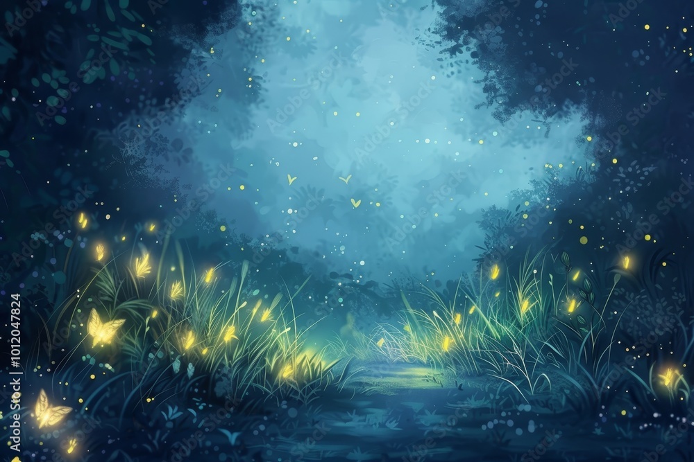 Poster a serene night in a glowing meadow filled with fireflies under a starlit sky surrounded by trees and