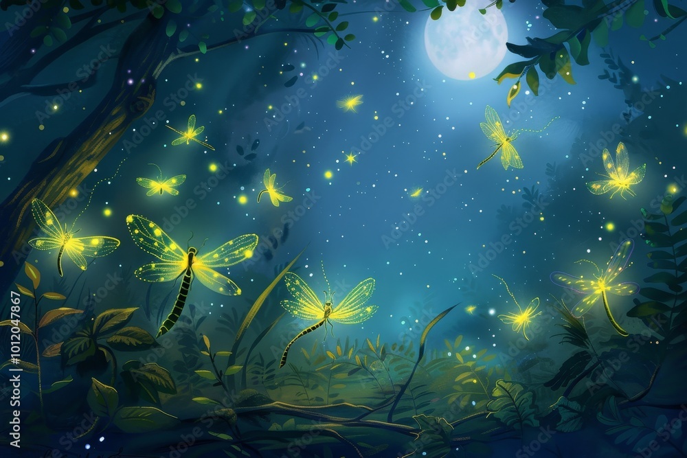 Poster a serene night in a glowing meadow filled with fireflies under a starlit sky surrounded by trees and