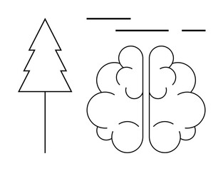 A minimalistic black-and-white line drawing of a stylized tree next to a brain. Ideal for nature, mental health, mindfulness, education, and creativity themes. Clean, contemporary style