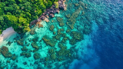 Obraz premium Aerial view of coral reef and clear turquoise water.