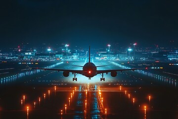 Airplane landing at night with illuminated runway lights