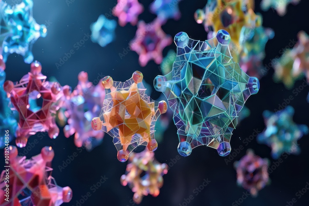 Poster Detailed close-up view of colorful virus models under dramatic lighting, showcasing molecular structure and intricate surface textures in a scientific setting