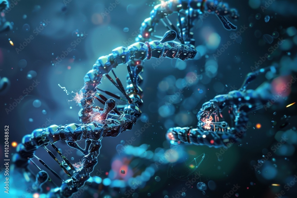 Poster a detailed visualization of dna strands illuminated with glowing atoms, showcasing molecular interac