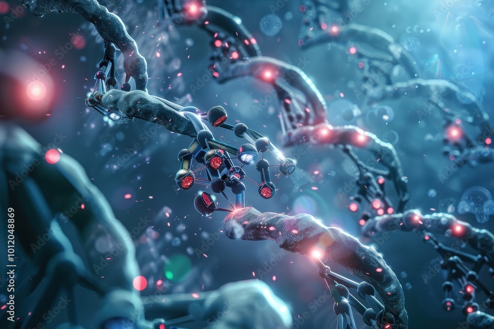 Poster a detailed visualization of dna strands illuminated with glowing atoms, showcasing molecular interac