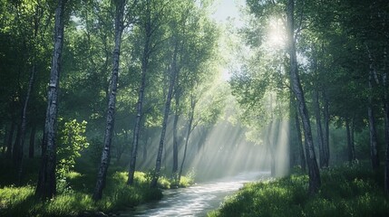 Obraz premium Sunbeams illuminate a winding river through a lush forest.