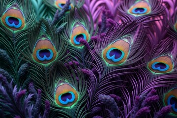 Obraz premium Vibrant peacock feathers in rich jewel tones, exotic and luxurious texture