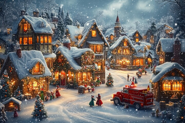 The winter christmas village is a beautiful sight. The snow is falling gently and the lights are shining brightly. The houses are covered in sparkling white, and the streets are lined with trees. It's