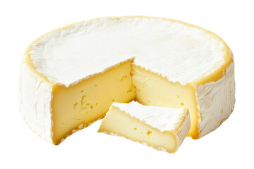 Wedge of soft Neufchtel cheese with white rind isolated on white background, concept of French dairy products and gourmet food