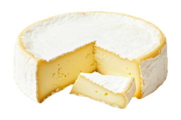 Wedge of soft Neufchtel cheese with white rind isolated on white background, concept of French dairy products and gourmet food