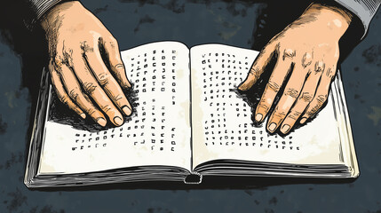 Two hands close-up reading Braille of an open book written for people with vision problems.