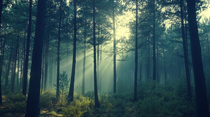 Obraz premium Sunbeams shining through a misty forest, creating a magical and ethereal atmosphere.