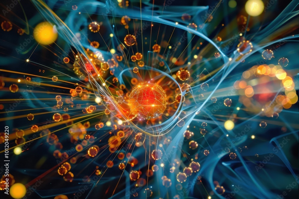 Aufkleber an abstract representation of particles interacting with energy in a vibrant cosmic landscape, illus