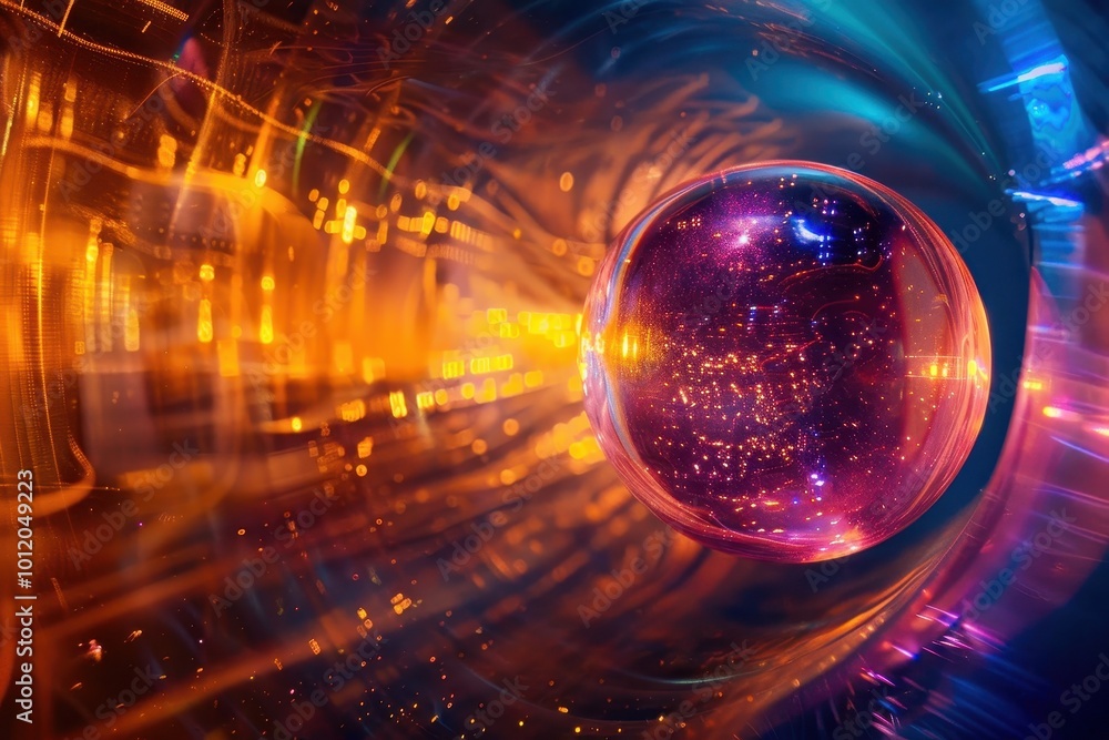 Aufkleber an abstract representation of particles interacting with energy in a vibrant cosmic landscape, illus