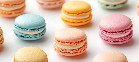 Fototapeta premium A colorful macaroon assortment with pastel hues and smooth, glossy shells, placed on a white surface