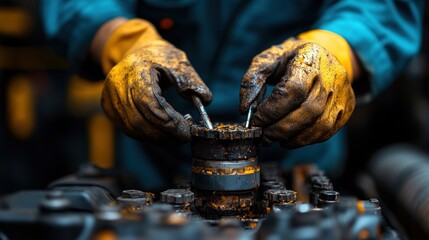 Close up of a mechanic's gloved hands working on a dirty engine with tools.