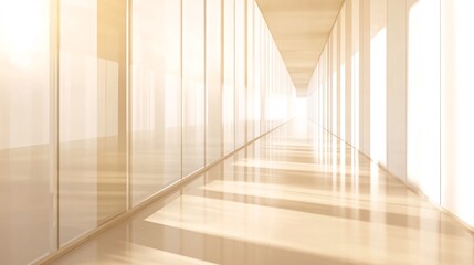Obraz premium Sunlit hallway with glass walls and a bright light at the end.