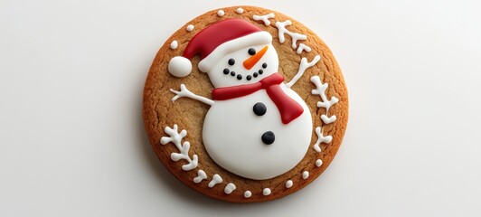 Fototapeta premium A crispy gingerbread cookie with a detailed icing design of a snowman, displayed on a clean white backdrop