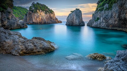 Obraz premium Tranquil cove with turquoise water, rocky cliffs, and a sandy beach at sunrise.