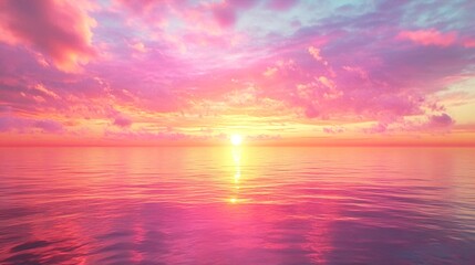 Obraz premium Vibrant sunset over a calm ocean with pink and orange clouds.