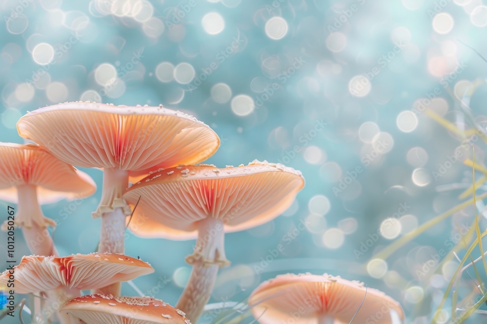 Poster delicate mushrooms growing on a damp forest floor surrounded by ethereal bokeh lights during an earl